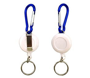 Yoyo bianco con moschettone blu, clip per cintura e portachiavi